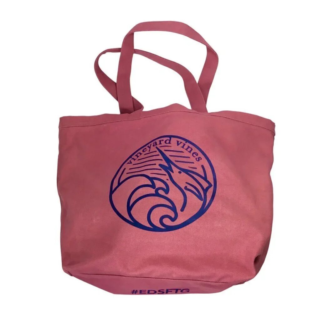 Vineyard Vines NWT Marlin Wave Graphic Canvas Tote Bag Pink #EDSFTG Open Top